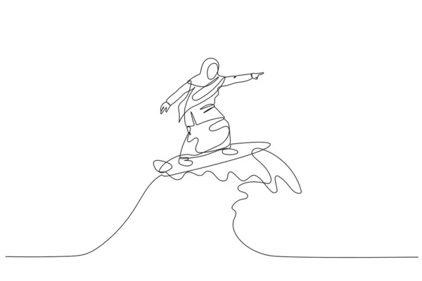 Tecknad Muslimsk Kvinna Rider Surfbräda Med Våg Metafor För Att — Stock vektor