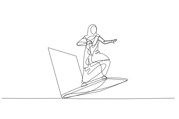 Desenho Mulher Muçulmana Montando Laptop Metáfora Para Tecnologia Utilizada Nos — Vetor de Stock
