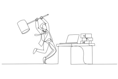 Illustration of businessman hitting computer. Concept of frustation at work. Single continuous line art