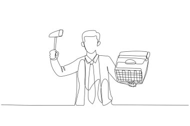 Drawing of businessman holding hammer ready to smash typewriter. Concept of deadline stress. Continuous line art style