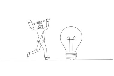 Cartoon of businessman with hammer try to break lamp. Concept of idea generation. One line art style