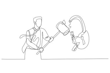 Illustration of businessman with hammer smash padlock. Concept of problem solving. Single line art style