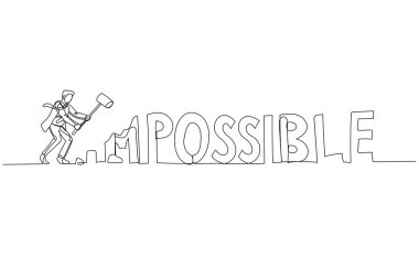 Illustration of businessman destry impossible make it to possible. Concept of optimism. Single line art style