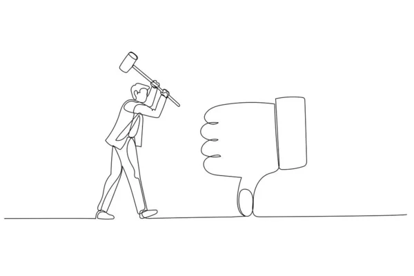 商人的卡通片用锤子试图砸碎大拇指的痕迹 业务反馈的概念 一行艺术风格 — 图库矢量图片