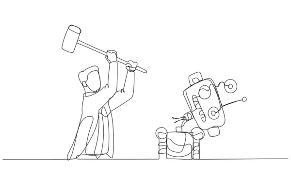 Dibujo Empresario Destruyendo Robot Con Martillo Concepto Recursos Humanos Inteligencia — Archivo Imágenes Vectoriales