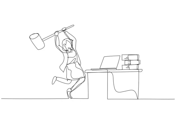 Drawing Businesswoman Hitting Computer Concept Frustation Work One Line Art — Vetor de Stock