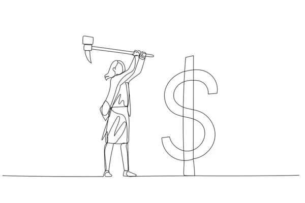 Drawing Businesswoman Hammer Hit Dollar Sign Usd Sign Concept Money — Vector de stock