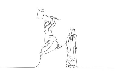 Drawing of arab businessman try to hit boss. Concept of stress at work. Single line art style