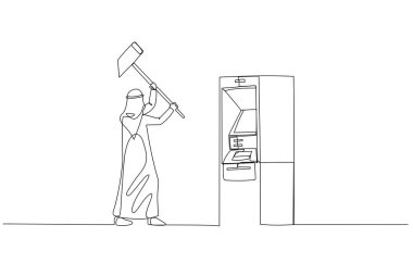 Drawing of arab businessman with hammer try to smash ATM machine. Concept of illegal earning. Single line art style