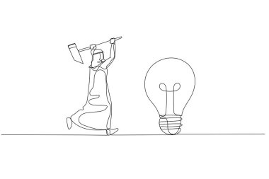 Cartoon of arab businessman with hammer try to break lamp. Concept of idea generation. One continuous line art style