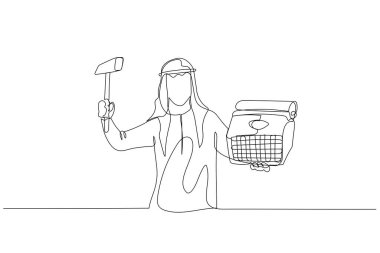 Drawing of arab businessman holding hammer ready to smash typewriter. Concept of deadline stress. Single line art style