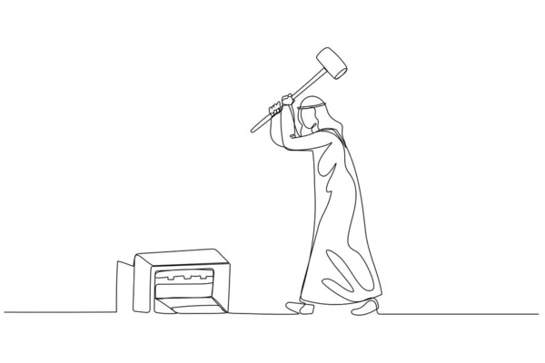 Cartoon Van Arabische Zakenman Met Sledehamer Klaar Printer Kapot Slaan — Stockvector