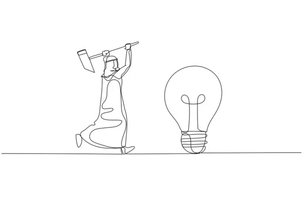 Karikatur Eines Arabischen Geschäftsmannes Mit Hammer Versucht Lampe Brechen Konzept — Stockvektor
