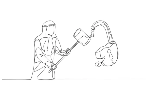 Dibujo Hombre Negocios Árabe Con Candado Martillo Aplastar Concepto Resolución — Vector de stock