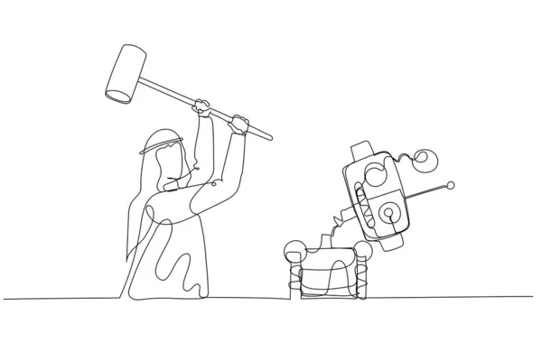 Dibujo Empresario Árabe Destruyendo Robot Con Martillo Concepto Recursos Humanos — Archivo Imágenes Vectoriales