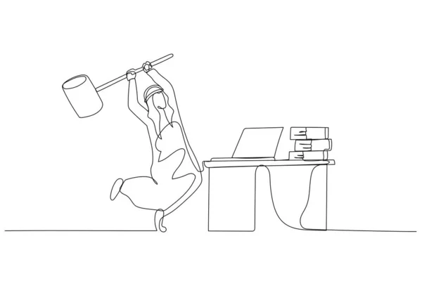 Ilustracja Arabskiego Biznesmena Uderzającego Komputer Pojęcie Frustracji Pracy Pojedyncza Linia — Wektor stockowy