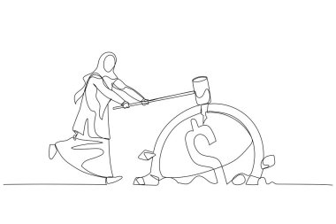 Drawing of muslim woman hit dollar coin into the ground. Concept of safing money. Single continuous line art style