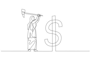 Cartoon of muslim woman with hammer hit dollar sign USD sign. Concept of money market. Single line art style