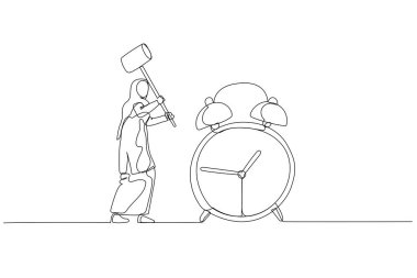 Illustration of muslim woman with hammer try to break alarm clock. Concept of deadline. Continuous line art style