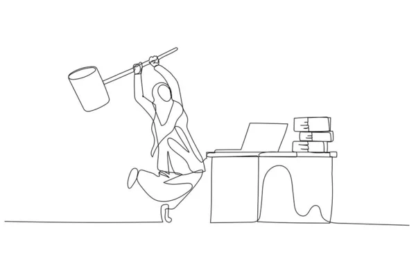 Kreskówka Muzułmanki Uderzająca Komputer Pojęcie Frustracji Pracy Sztuka Ciągłej Linii — Wektor stockowy