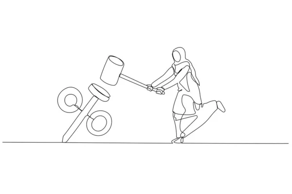 Illustration Muslim Woman Using Hammer Smash Percentage Sign Floor Concept — Vetor de Stock