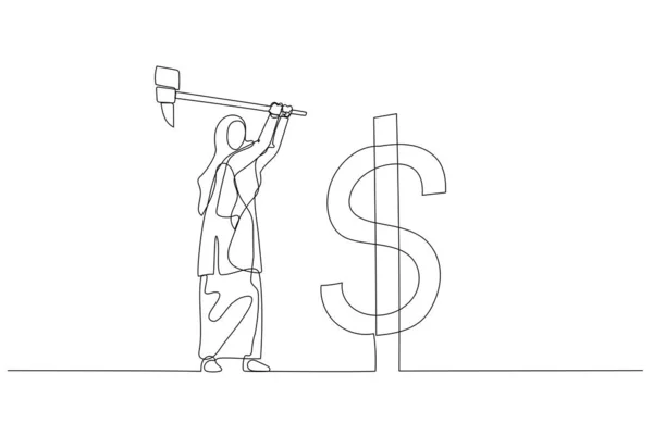 Cartoon Muslim Woman Hammer Hit Dollar Sign Usd Sign Concept — Vector de stock