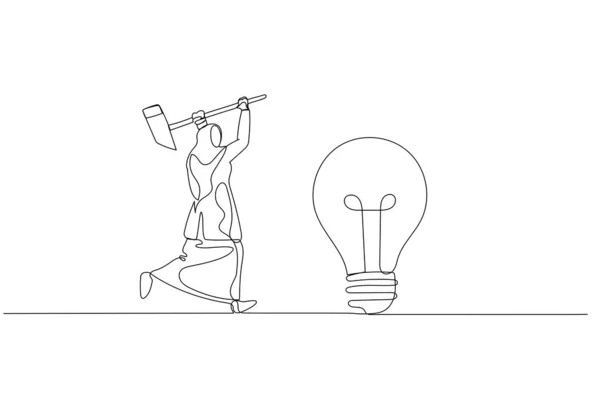 Cartoon Muslim Woman Hammer Try Break Lamp Concept Idea Generation — Vector de stock