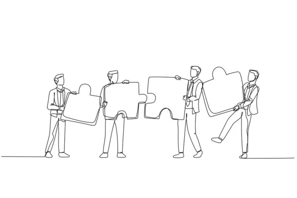 Dessin Homme Affaires Debout Avec Puzzle Main Concept Coopération Style — Image vectorielle