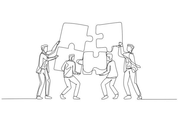 一緒にパズルをもたらすチームとビジネスマンの漫画 チームワークの概念 一本の線画 — ストックベクタ