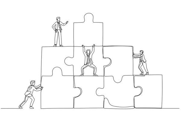 Illustration Von Geschäftsmann Verbindet Puzzleteile Gebäude Konzept Der Zusammenarbeit Einzeiliger — Stockvektor
