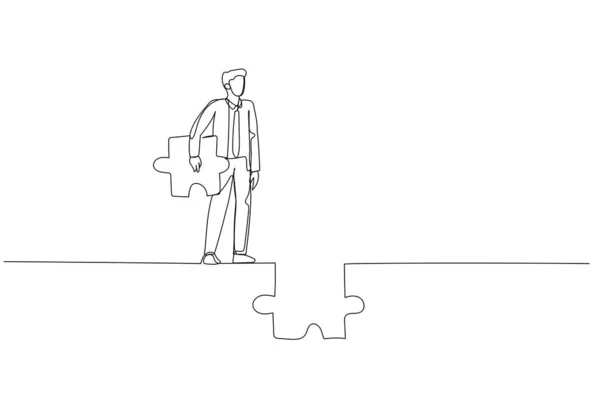 Illustration Homme Affaires Tenant Puzzle Essayer Connecter Route Concept Ambition — Image vectorielle