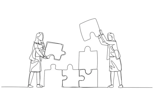 Zeichnung Einer Geschäftsfrau Die Puzzle Turm Herstellt Konzept Der Teamarbeit — Stockvektor