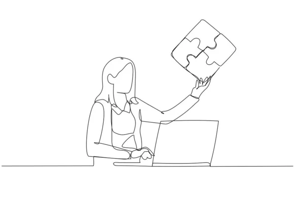 Illustration Einer Geschäftsfrau Die Puzzle Zeigt Das Zusammenhängt Konzept Der — Stockvektor