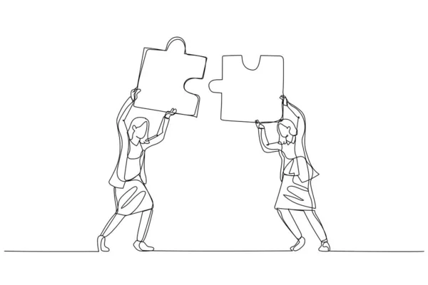 Cartoon Der Geschäftsfrau Halten Puzzle Kopf Versuchen Puzzle Verbinden Konzept — Stockvektor