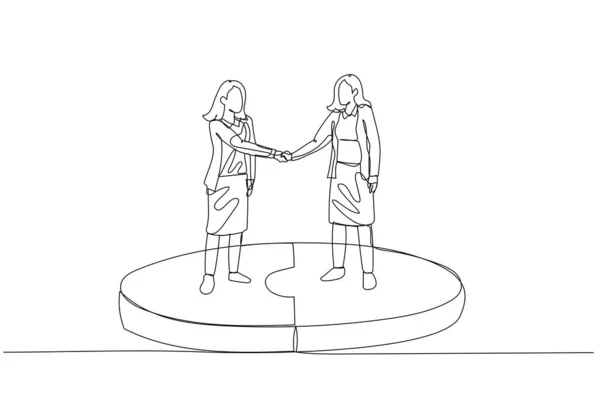パズル握手で立っている実業家の図面 取引の概念 一本の線画 — ストックベクタ
