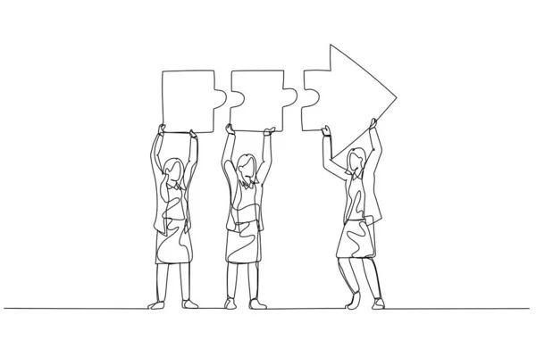 Dibujos Animados Mujer Negocios Compañeros Trabajo Que Conectan Rompecabezas Flecha — Vector de stock