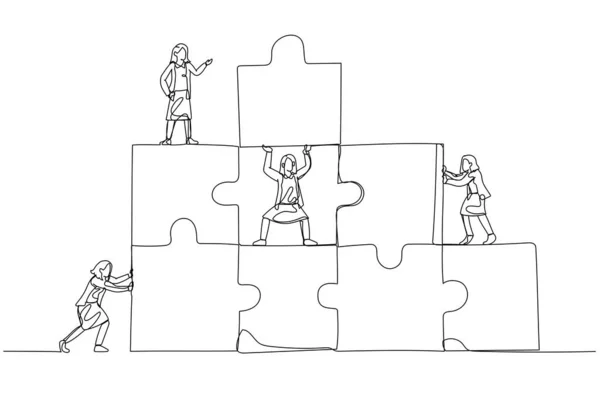 Zeichnung Von Geschäftsfrau Verbindet Puzzleteile Gebäude Konzept Der Zusammenarbeit Einzelne — Stockvektor