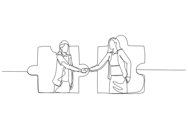 ジグソーパズルの中の実業家の図面を一緒に手を振る ビジネス契約の概念 連続線画 — ストックベクタ