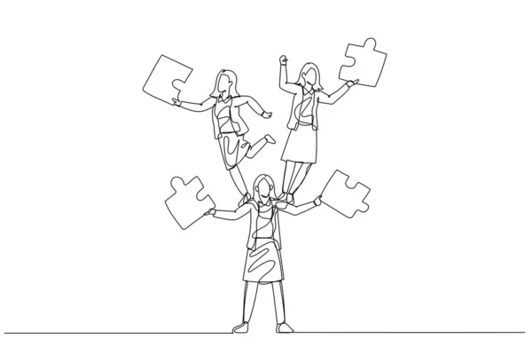 Karikatur Einer Geschäftsfrau Die Puzzle Von Einem Menschlichen Turm Jongliert — Stockvektor