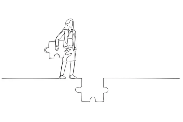 Zeichnung Der Geschäftsfrau Mit Puzzle Versuchen Die Straße Verbinden Konzept — Stockvektor
