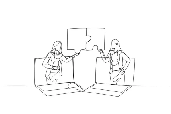 Caricature Femme Affaires Collègue Reliant Puzzle Concept Solution Affaires Ligne — Image vectorielle
