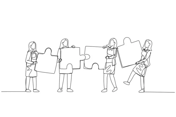 Cartoon Businesswoman Standing Puzzle Hand Concept Cooperation Single Line Art — Stock Vector
