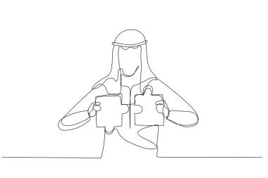 İki yapboz parçasını birleştiren Arap iş adamının karikatürü. Yaratıcı çözüm kavramı. Aralıksız çizgi sanatı