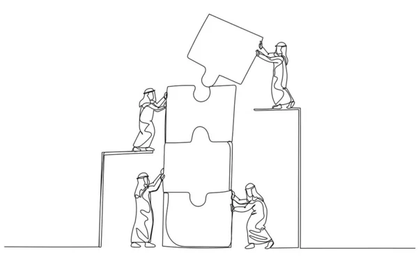 Caricature Homme Affaires Arabe Avec Collègue Reliant Des Éléments Puzzle — Image vectorielle