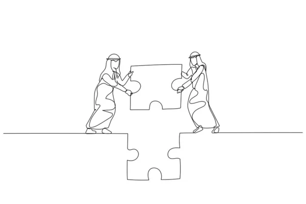 Illustration Homme Affaires Arabe Partenaire Tenir Puzzle Essayer Faire Pont — Image vectorielle