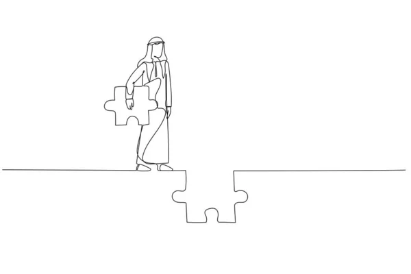Zeichnung Eines Arabischen Geschäftsmannes Mit Puzzle Versuchen Die Straße Verbinden — Stockvektor