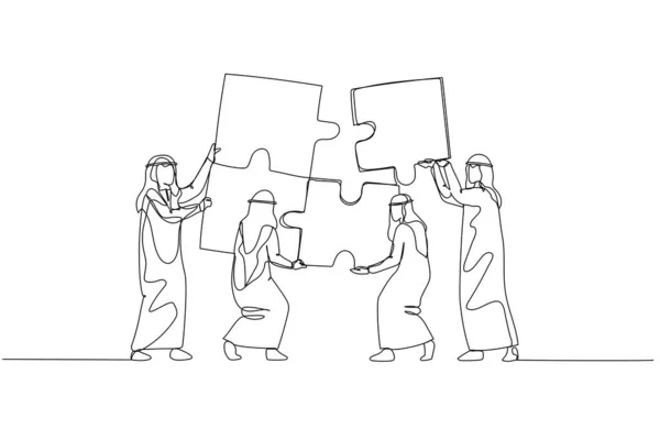 Caricature Homme Affaires Arabe Avec Une Équipe Réunissant Des Énigmes — Image vectorielle