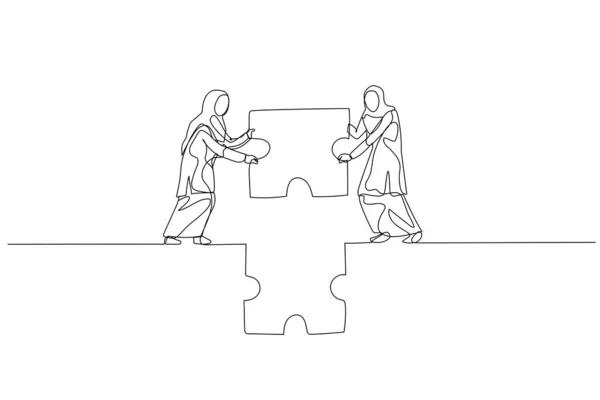 Caricature Femme Musulmane Partenaire Tenir Puzzle Essayer Faire Pont Concept — Image vectorielle