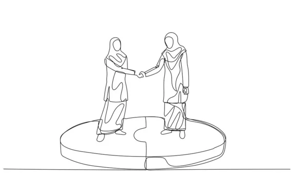 接続されたパズル握手で立っているイスラム教徒の女性の漫画 取引の概念 シングルラインアートスタイル — ストックベクタ