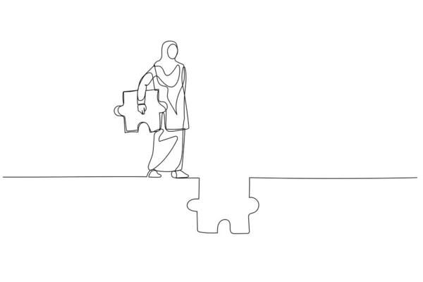 Illustration Femme Musulmane Tenant Puzzle Essayer Connecter Route Concept Ambition — Image vectorielle